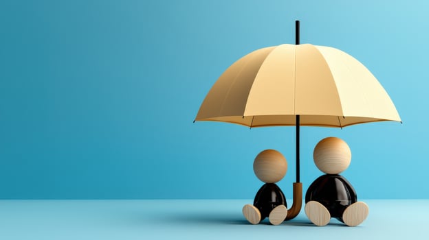 A wooden figure under an umbrella photo