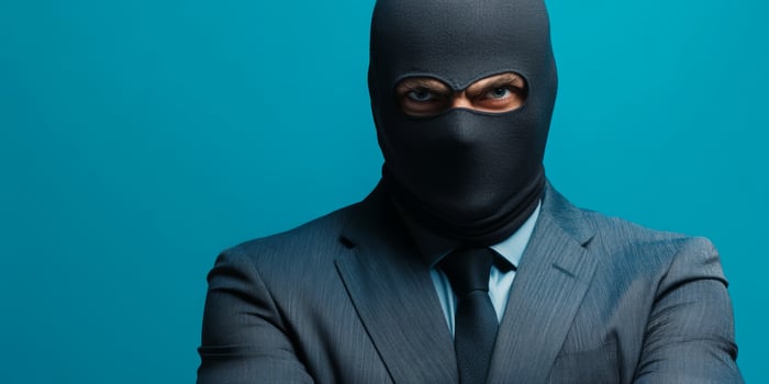 Man wearing a ski mask and suit stands confidently against a blue background, embodying an air of mystery and intrigue photo