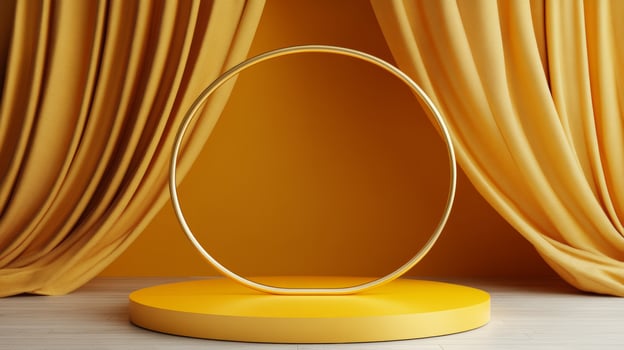 Showcasing minimalist elegance with a circular frame on a yellow pedestal in contemporary decor photo
