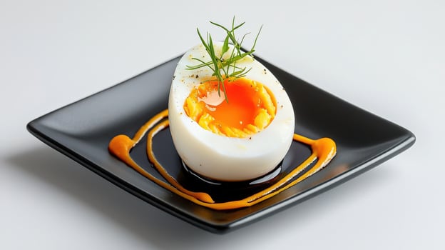 A hard boiled egg on a black plate photo