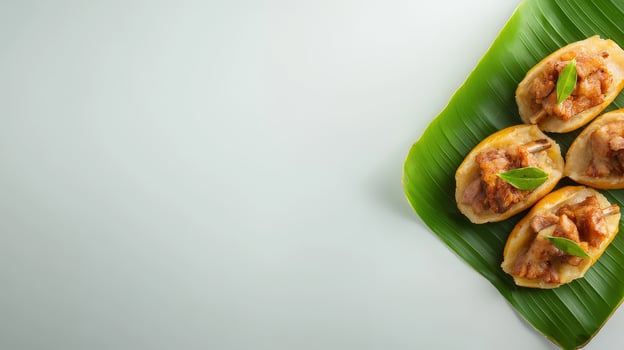 Fried chicken on a banana leaf with green leaves photo