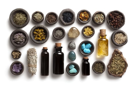 Bowls with dried herbs, essential oils, and healing crystals. photo