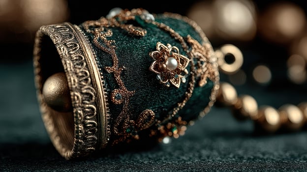 Decorative bell featuring intricate gold detailing and emerald green fabric in an elegant display setting photo