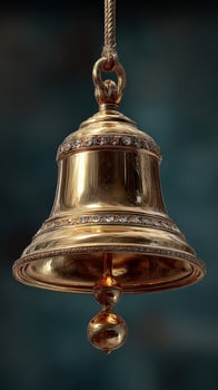 Elegant brass bell hanging from a rope against a blurred blue background, showcasing intricate designs and craftsmanship photo