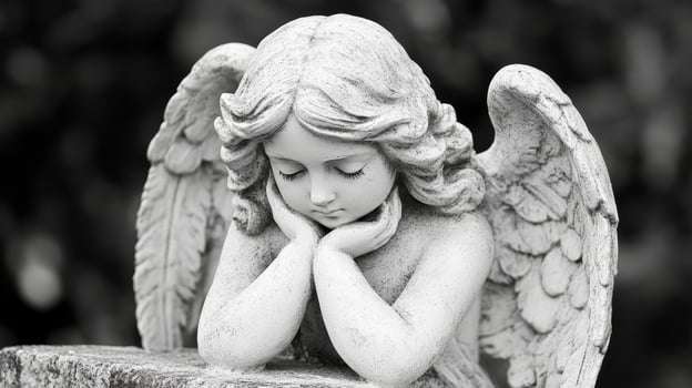 Stunning marble angel sculpture with folded hands resting on a stone pedestal in a serene garden setting photo