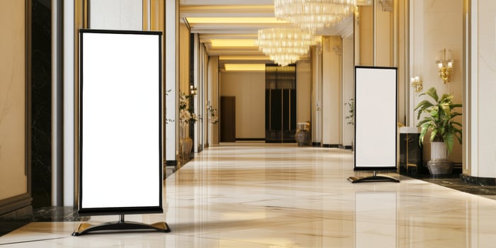 Elegant hotel lobby showcasing blank display stands for event promotion in a well-lit space photo