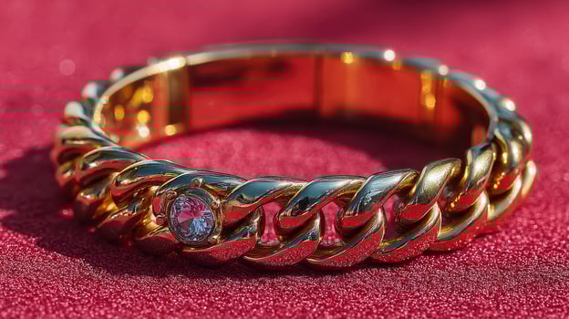 Elegant gold bracelet with diamond accent displayed on a textured surface in bright lighting photo