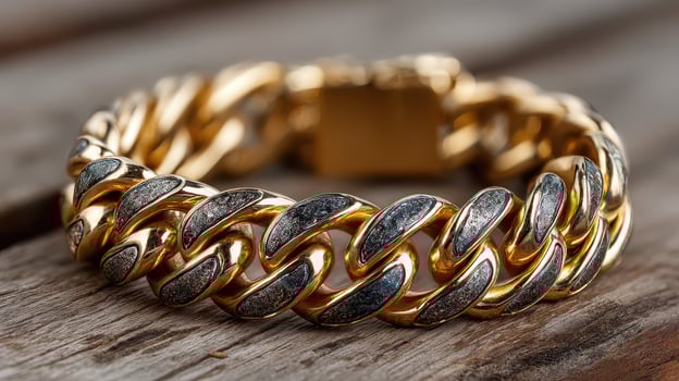 Decorative gold and silver bracelet resting on a wooden surface showcasing intricate design and craftsmanship details photo