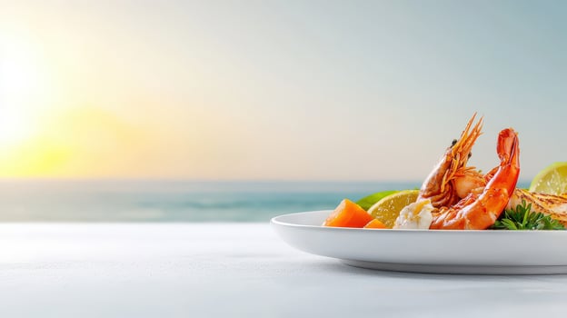 A plate with shrimp and vegetables on a table in front of the ocean photo