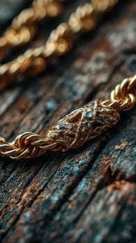 Detailed close-up of an intricate gold jewelry piece resting on rustic wood photo