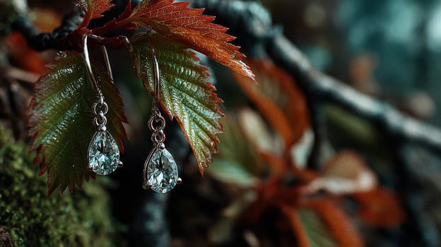 Beautiful silver earrings hanging from vibrant autumn leaves in a forest setting photo