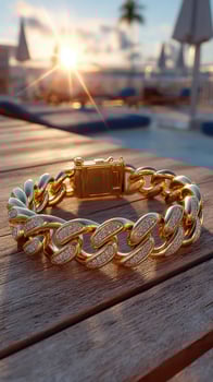 Luxury gold bracelet with diamond accents resting on wooden table at sunset by the poolside photo