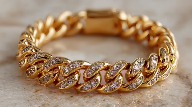 Gold chain bracelet adorned with sparkling stones displayed on a textured surface in bright light photo