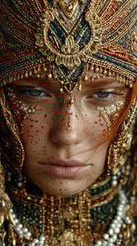 Intricate golden jewelry adorned on a model with striking features showcasing a captivating cultural art form photo
