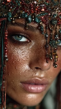 Close-up of a person adorned with intricate beads showcasing natural beauty and unique features during a creative photoshoot photo