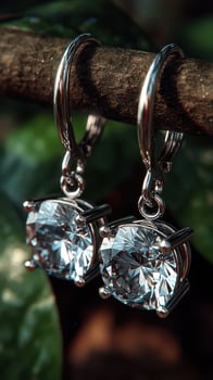 Elegant silver earrings with sparkling diamonds displayed on a wooden branch surrounded by lush green leaves photo