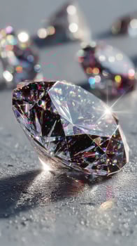 Brilliant diamond reflecting light on a textured surface creates a stunning display of colors and sparkles photo