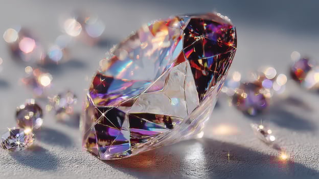 Brilliantly cut diamond with reflections surrounded by smaller gems resting on a surface photo