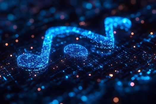 Futuristic Music Concept Glowing Blue Note in Digital Technology Grid photo