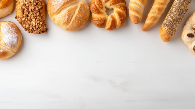 Breads and rolls on a white table photo