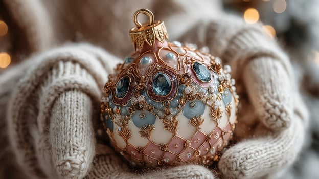 Beautifully crafted ornament held gently in warm, knitted gloves near a festive background with soft lights photo
