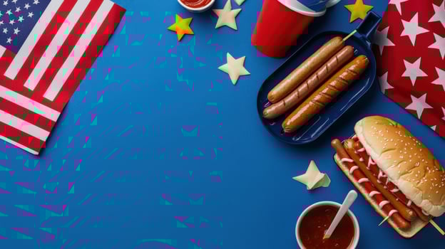 American hot dogs, hamburgers and ketchup on a blue background photo