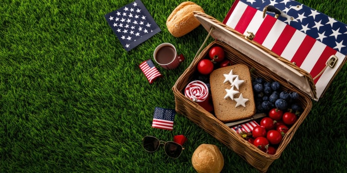 4th of july picnic basket with american flag and food on the grass photo