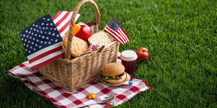 Picnic basket with american flag and food on grass photo
