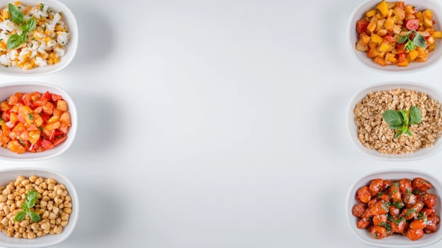 Six bowls of different foods on a white background photo