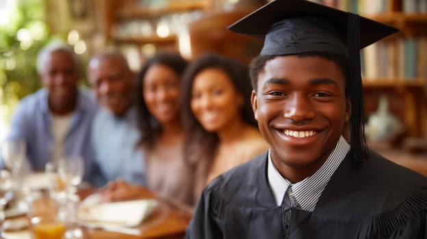 Smiling graduate in cap and gown with family in background indoors. photo