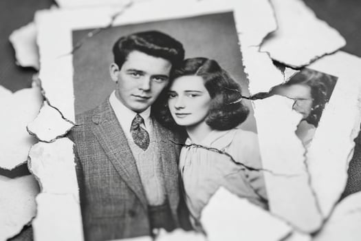 An old photo of a man and woman in front of a torn paper