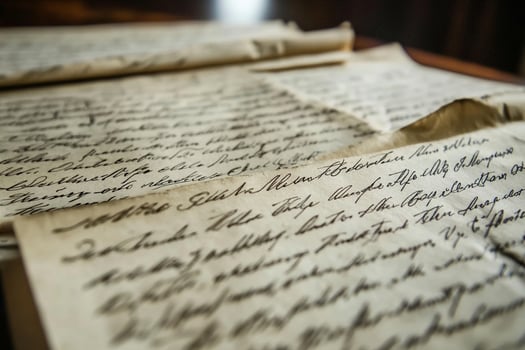 Old letters on a table with a pen and paper photo