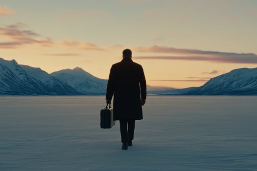 A man in a coat and hat walking across a snowy field photo