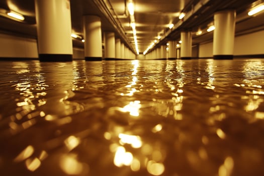 A flooded basement with water running down the walls photo