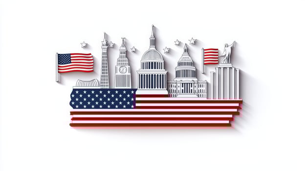 The usa flag and buildings are shown in a paper cut style photo