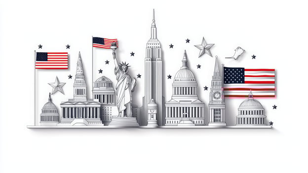 Paper art of usa city skyline with american flags photo