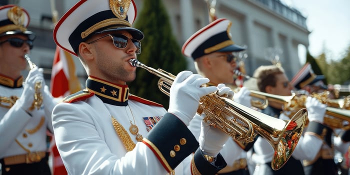 A man in uniform playing a trumpet in front of a group of people photo