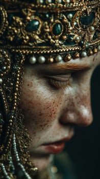Portrait of a young woman in traditional attire with intricate headpiece and striking facial features showcasing cultural heritage photo