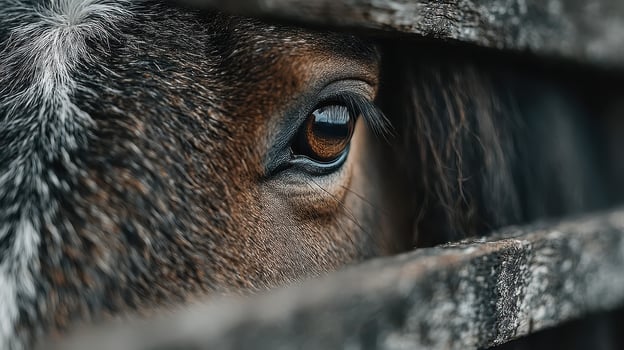 Close-up view of a horse's eye, captured through wooden slats during early morning light in a rural stable setting photo