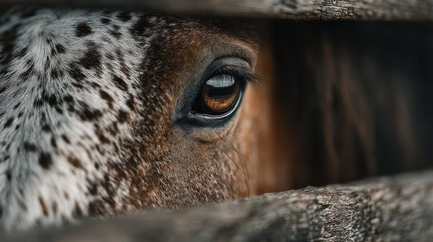 Close-up view of a horse eye peeking through wooden slats in a barn during daylight hours photo