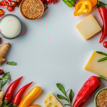 Various types of cheese, vegetables and spices arranged in a circle photo