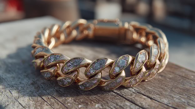 Luxurious gold bracelet with sparkling details showcases craftsmanship on a wooden surface photo