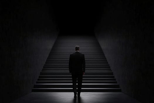 A man standing on a dark stairway in a dark room photo