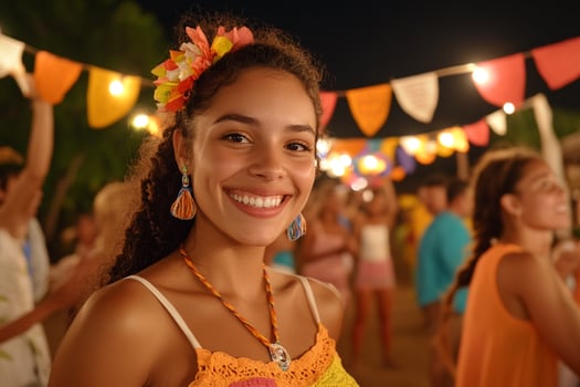 A woman in a colorful dress smiling at the camera photo