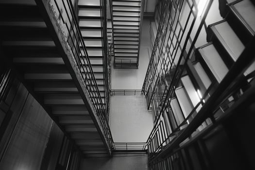 Black and white photograph of a stairway in a building photo