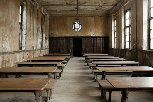 A classroom with wooden desks and a window photo