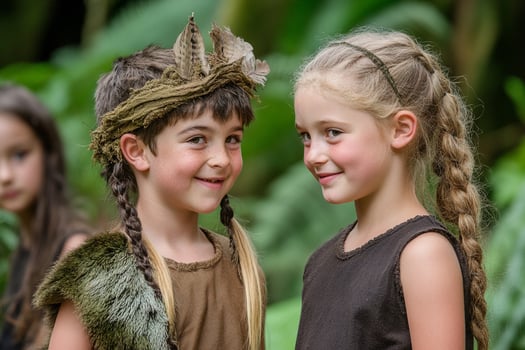 Two children dressed in animal costumes are smiling photo