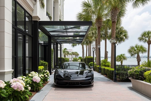 A black sports car parked in front of a building photo