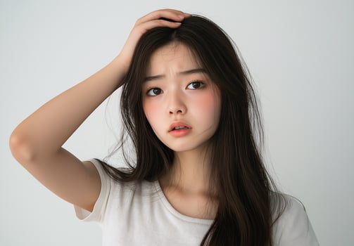 A woman with long hair and a red lip is looking up at the camera photo