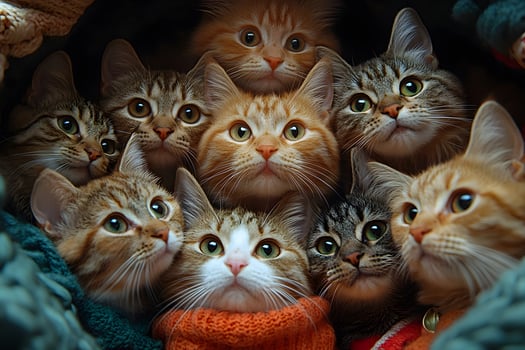 Adorable Group of Kittens Nestled Together in Cozy Sweaters for Autumn photo